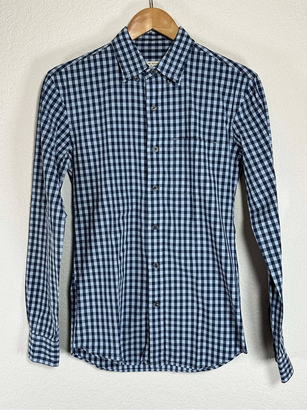 Club Monaco Navy and Light Blue Gingham Button-Down Shirt